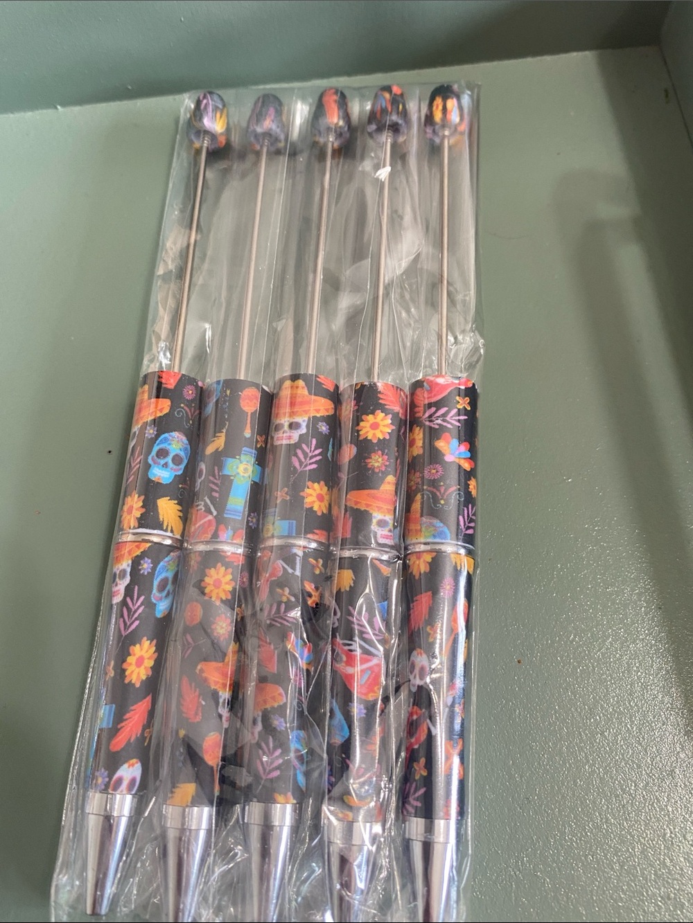 Day of the Dead Skull beadable pens- Black with Multicolor Floral Print